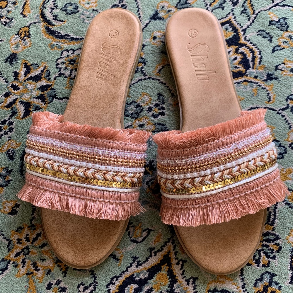 Decorated Sequin Fringe Band Flat Slide Sandals